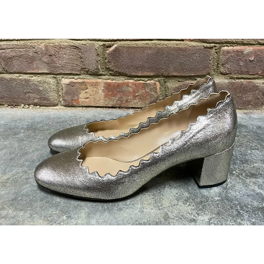 Chloe Glittery Metallic Gold Scalloped Leather Block Heel Size 7.5 NEW